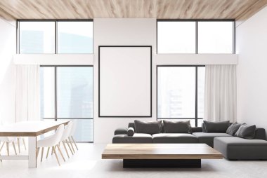 Beyaz oturma odası, kanepeler ve bir tablo