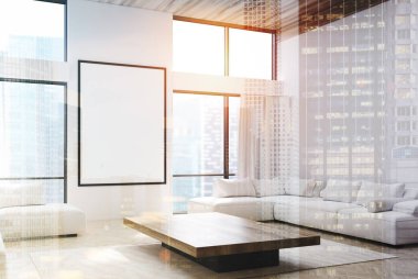 Beyaz oturma odası, kanepeler ve Çift Kişilik bir poster