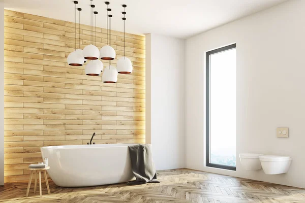 Biały i drewniane, łazienka, kącik — Zdjęcie stockowe