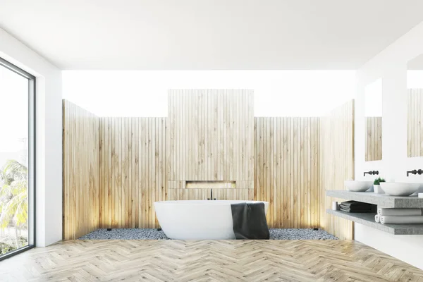 Interior do banheiro de madeira, pia dupla — Fotografia de Stock