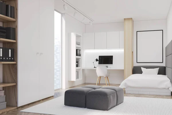 백색 침실, 홈 오피스, 단일, 측면 — 스톡 사진