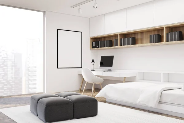 Biała sypialnia i biur, pojedyncze, narożne — Zdjęcie stockowe