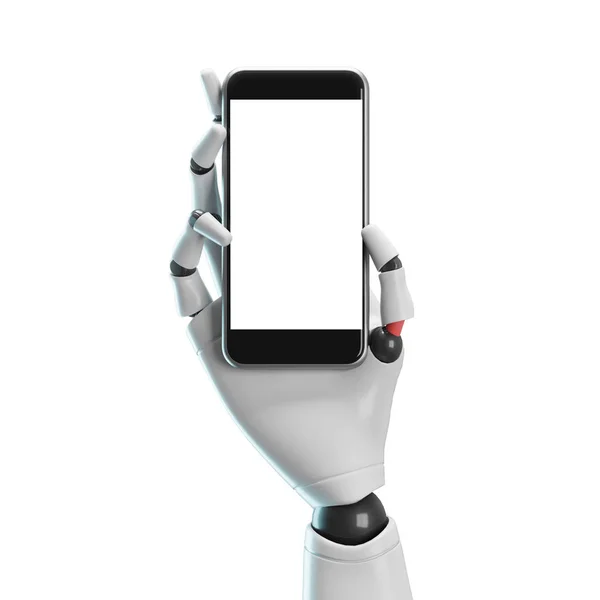 Mano robot blanca con un teléfono inteligente, blanco —  Fotos de Stock