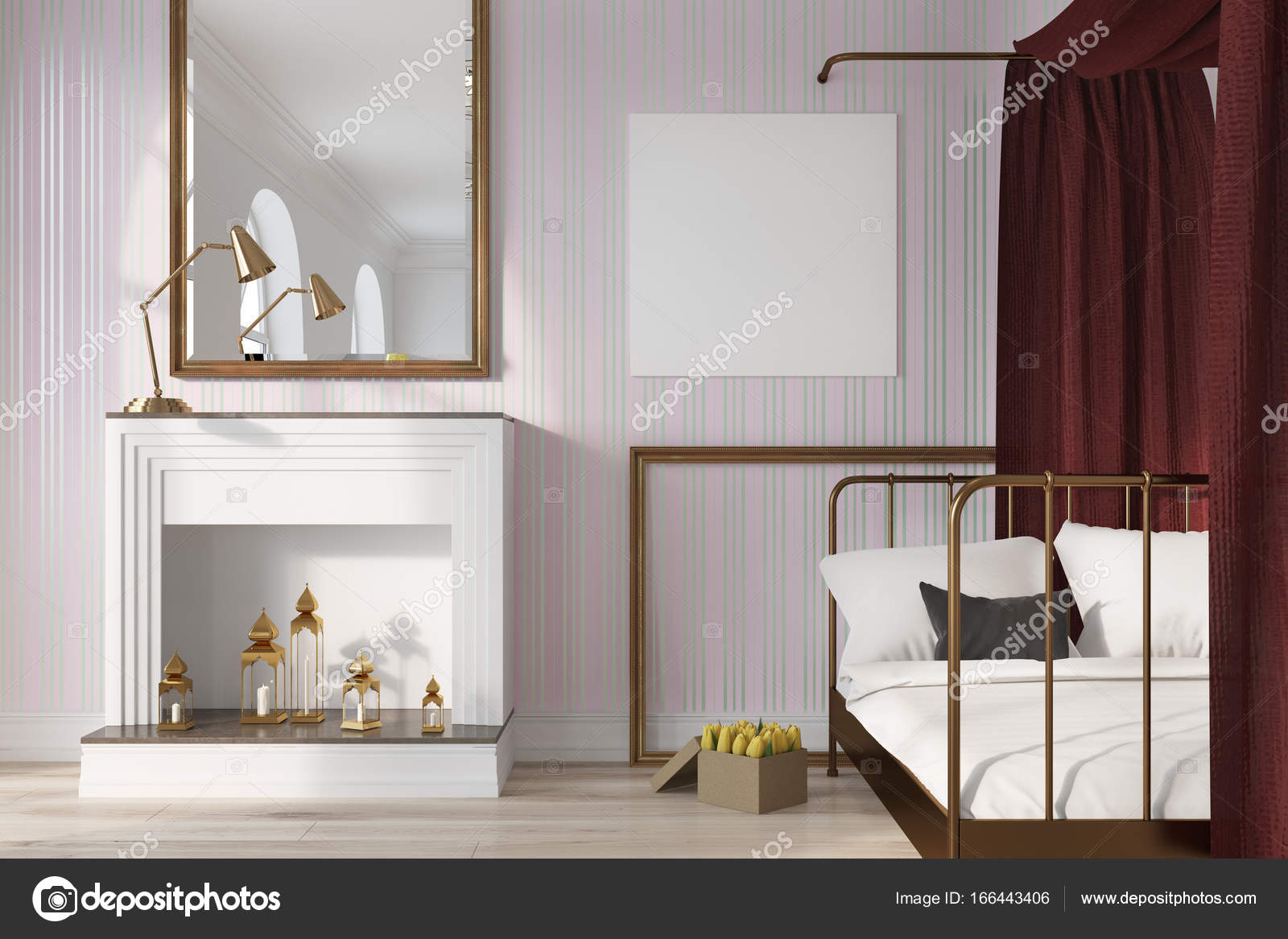 Rosa Schlafzimmer, Kamin und poster — Stockfoto © denisismagilov ... Rosa Schlafzimmer, Kamin und poster — Stockfoto © denisismagilov ...