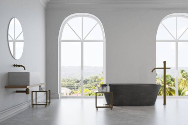 Beyaz banyo, mermer küvet ve lavabo