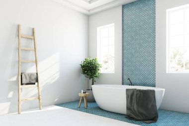Mavi ve beyaz banyo, beyaz küvet köşe