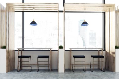 Ahşap kafe iç dışkı ve tablolar