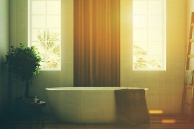 Beyaz beyaz ve ahşap banyo küvet closeup tonda