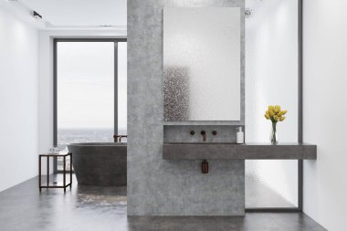 Beton banyo, gri küvet ve lavabo