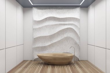 Beyaz ve beton banyo, ahşap küvet