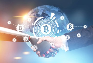 İnsan ve robot el sıkışma, bitcoins, Hud