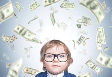 Cute baby boy in glasses and dollar rain clipart