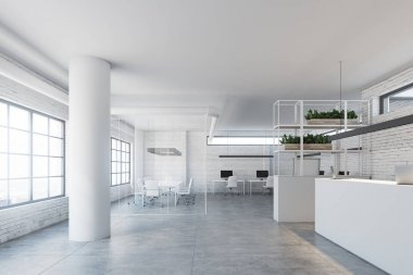 Resepsiyon Masası tarafında office, beyaz beyaz tuğla duvar