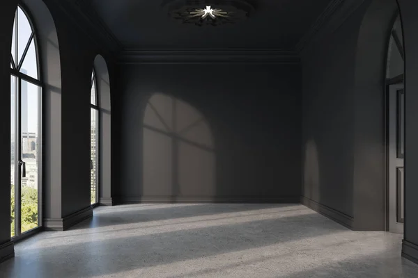 Порожня чорна кімната з бетонною підлогою — стокове фото
