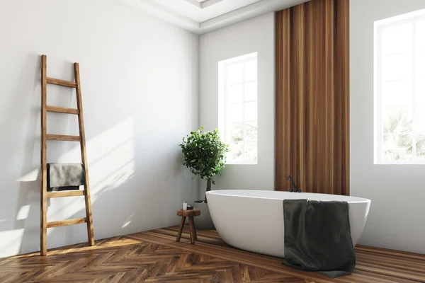 White and wooden bathroom, white tub corner — Stock Photo, Image