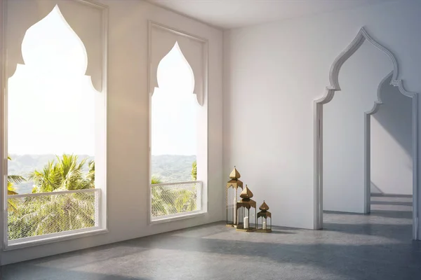 Quarto vazio, portas de estilo árabe, janela lateral tonificada — Fotografia de Stock
