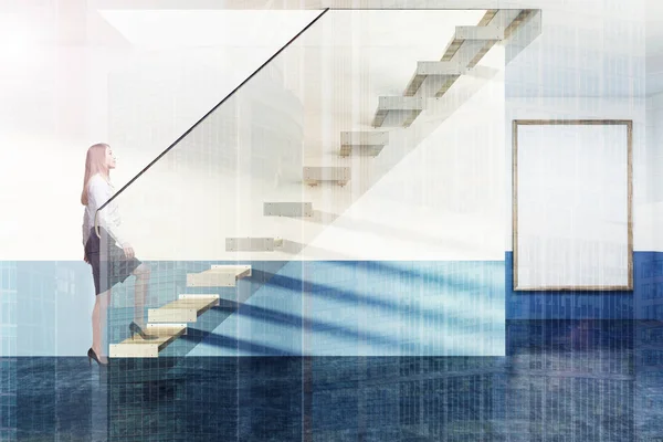 Escadas brancas e de vidro em azul plano, cartaz, menina — Fotografia de Stock