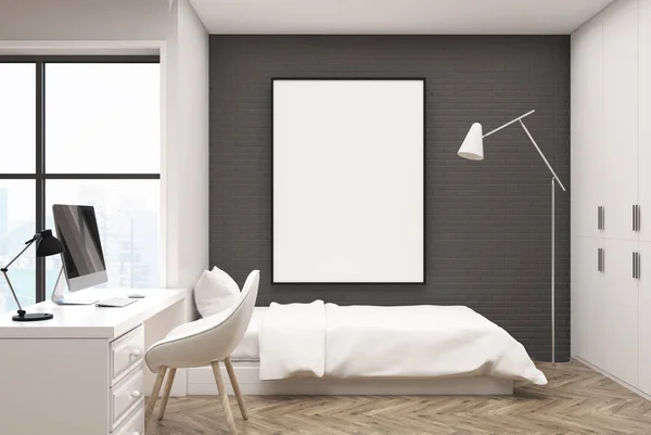 Dormitorio de ladrillo gris, ordenador y póster — Foto de Stock