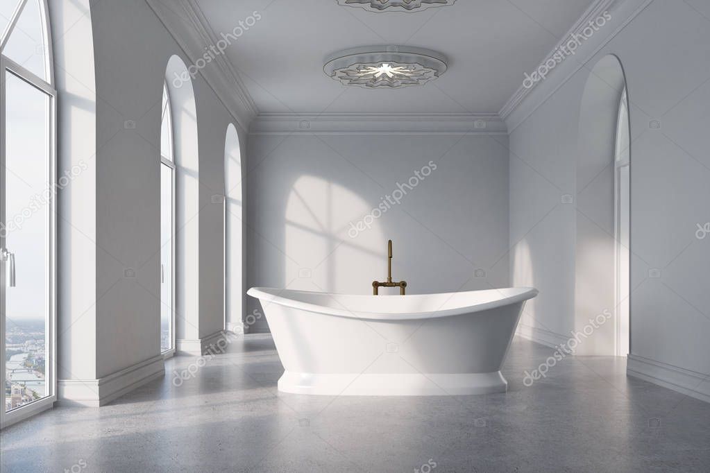 Gray bathroom, original white tub