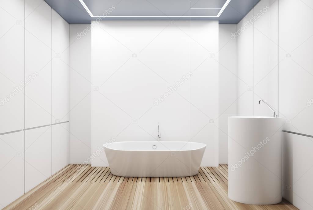 Weiß geflieste Badezimmer, weiße Wanne — Stockfoto © denisismagilov
