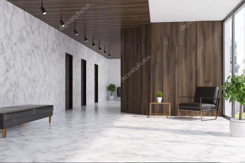 Marble and wooden elevator hall, armchair