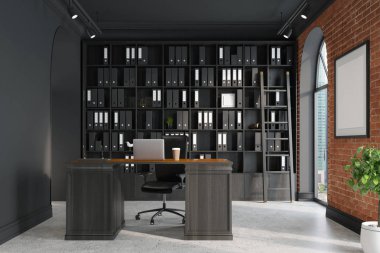 CEO office, kitaplık ve masa, merdiven