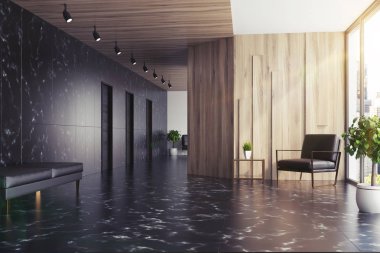 Siyah Mermer ve ahşap Asansör hall, tonda