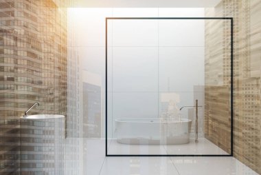 Beyaz ve ahşap banyo, beyaz küvet, lavabo tonda