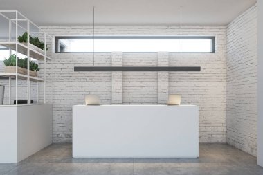 Office, beyaz resepsiyon masası beyaz tuğla duvar