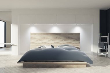 Siyah ve beyaz yatak odası, önden görünüm