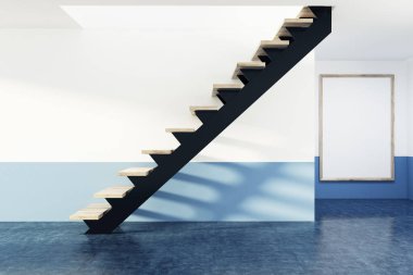 Mavi düz, poster gri ve Ahşap merdiven