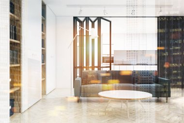 Beyaz oturma odası iç, gri kanepe Çift Kişilik