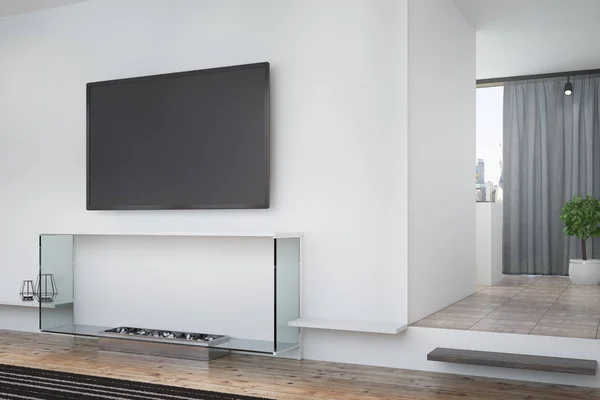 White living room, TV and poster, corner — Stock Photo, Image