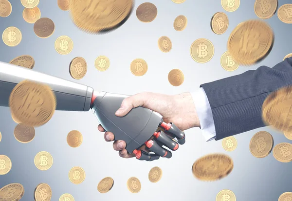 İnsan ve robot tokalaşırken, bitcoin yağmur