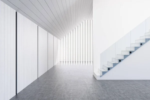 Pusty biały pokój, schody, okna — Zdjęcie stockowe