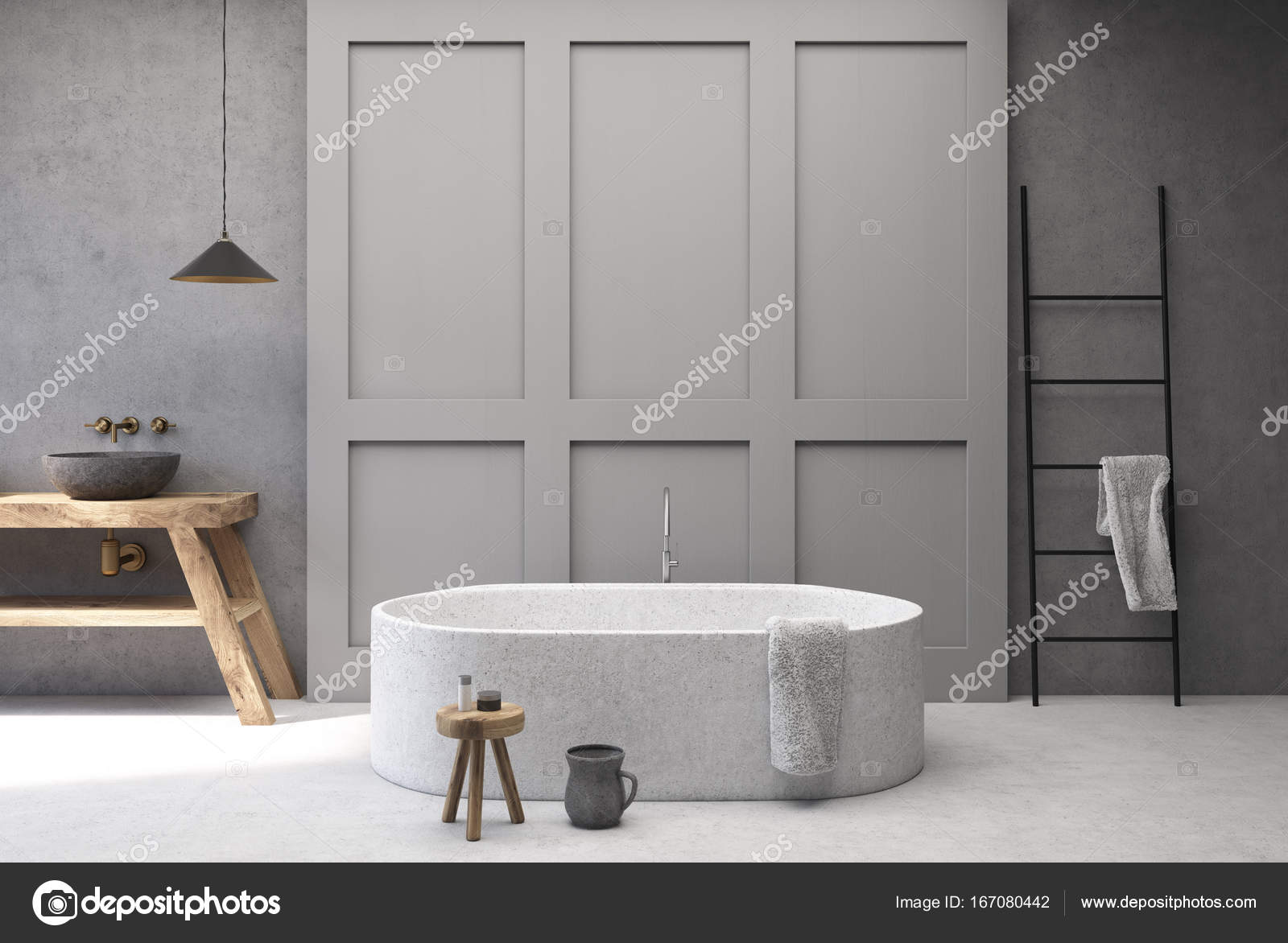 Salle de bains béton et gris, rond baignoire — Photographie ... Salle de bains béton et gris, rond baignoire — Photographie ...