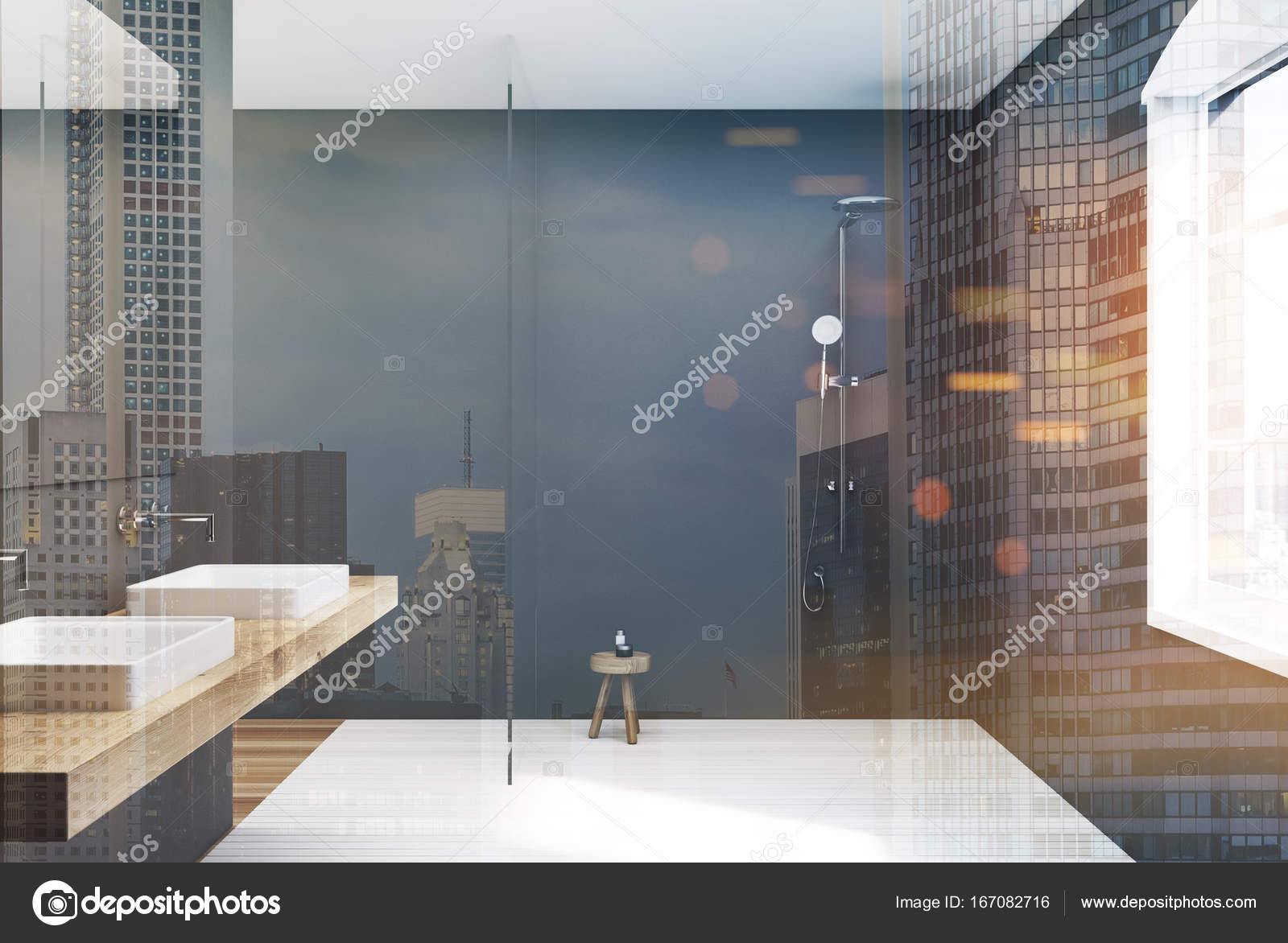 Tons de gris salle de bain, double lavabo et douche, — Photographie ... Tons de gris salle de bain, double lavabo et douche, — Photographie ...