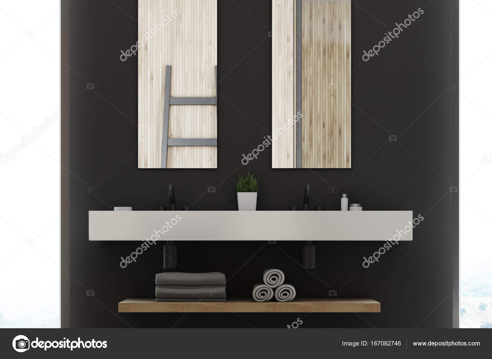 Grijze badkamer, dubbele wastafel, spiegels — Stockfoto ... Grijze badkamer, dubbele wastafel, spiegels — Stockfoto ...