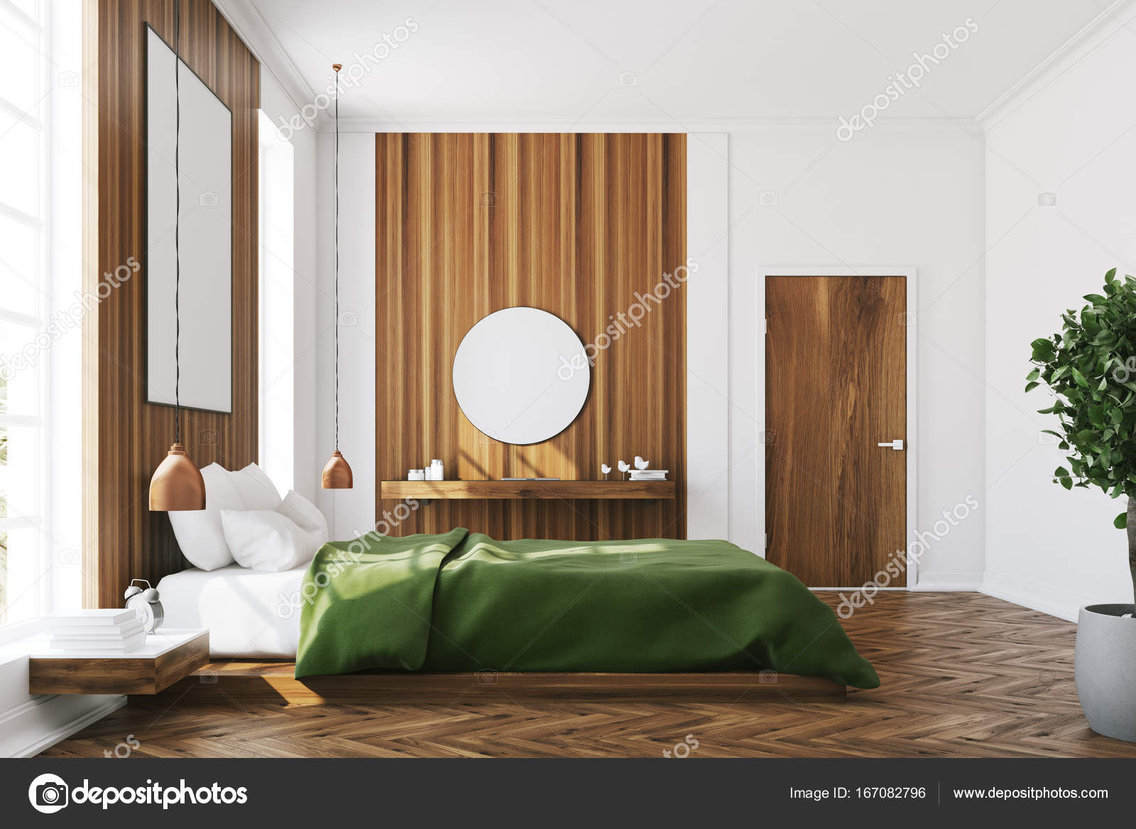 Camera da letto bianca e legno, poster, specchio — Foto Stock ... Camera da letto bianca e legno, poster, specchio — Foto Stock ...