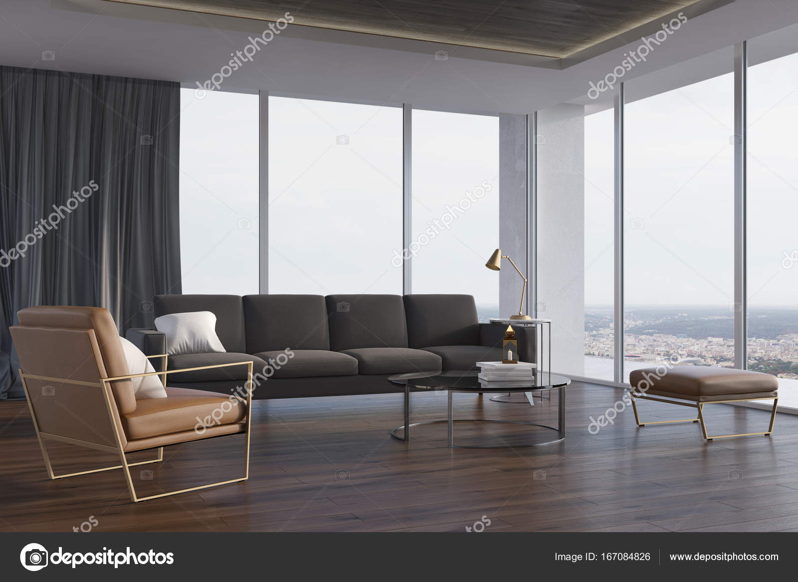 Loft woonkamer, grijze bank en fauteuil, kant — Stockfoto ... Loft woonkamer, grijze bank en fauteuil, kant — Stockfoto ...