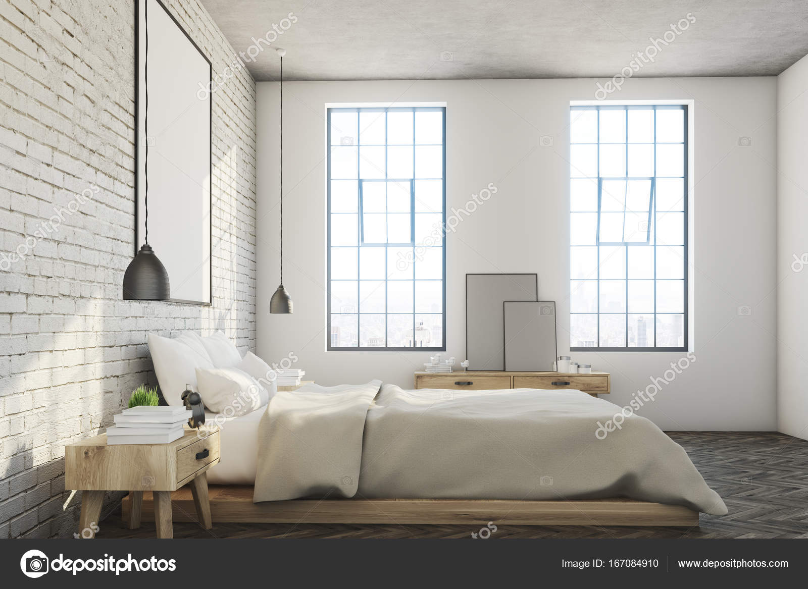 Witte bakstenen slaapkamer, poster, kant — Stockfoto ... Witte bakstenen slaapkamer, poster, kant — Stockfoto ...