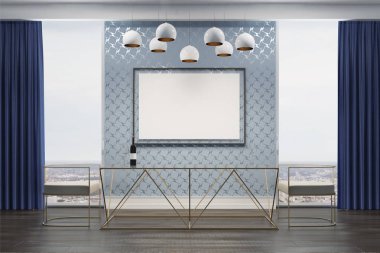 Gri yemek odası, beyaz koltukları, poster