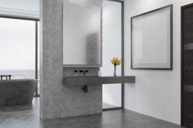 Gri beton banyo küvet ve lavabo yan