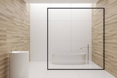 Beyaz ve ahşap banyo, beyaz küvet, lavabo