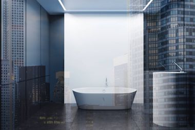 Gri ve beyaz banyo, küvet ve çift lavabo döşenir