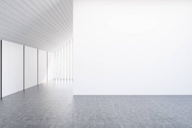 Boş beyaz oda, merdiven, pencere, beton