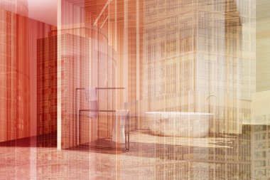 Cam ve ahşap banyo, beyaz küvet tonda