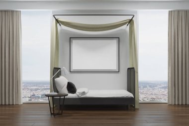 Beyaz yatak odası ile bir poster, yan