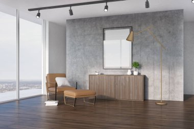 Beton oturma odası, bej koltuk, yan