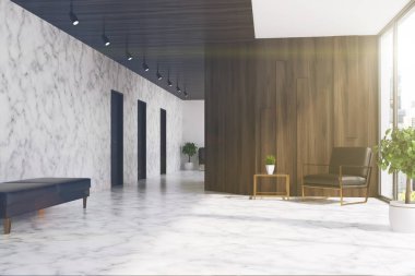Mermer ve ahşap Asansör hall, koltuk tonda